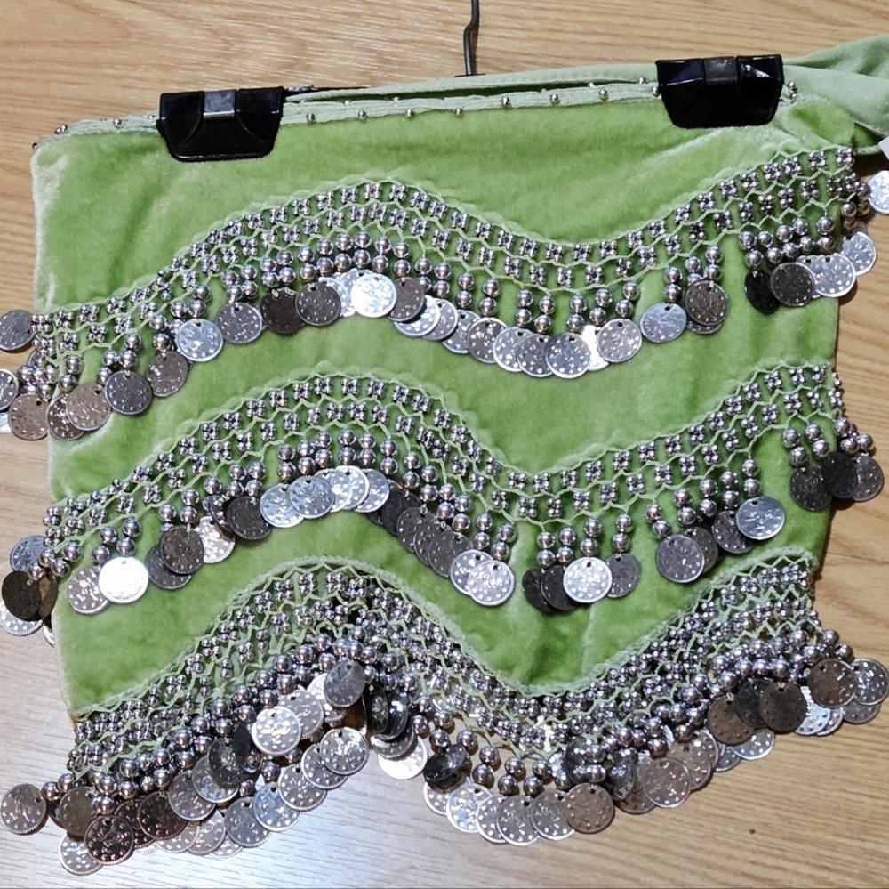 Renaissance Belly Dance Hip Scarf Green Velvet w Silver Coins ~New~ Firm Price